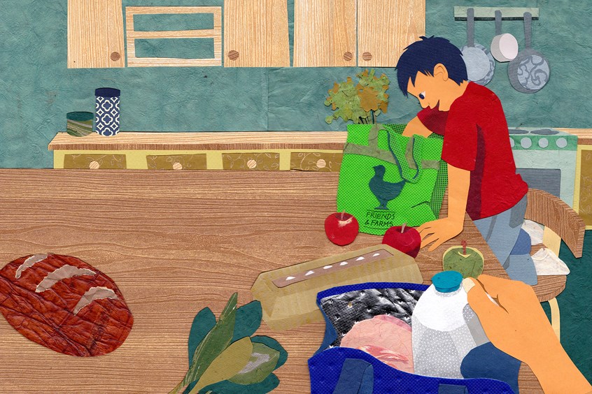 illustration of This kitchen scene was the home page illustration for a website.
Friends & Farms specialized in farm-to-table food. The business assembled “baskets” of fresh produce from regional farms, then distributed them from the back of a truck. The company prided itself in stellar customer service and wanted to convey its warm sense of community in its branding.
groceries, grocery, eating, healthy, cook, boy, kid, mother, fruit, bread, eggs, shopping, home, hands, Colleen Kong-Savage