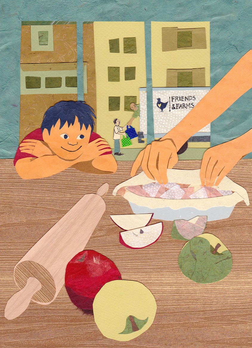 illustration of Illustration for postcards and fliers.
Friends & Farms specialized in farm-to-table food. The business assembled “baskets” of fresh produce from regional farms, then distributed them from the back of a truck. The company prided itself in stellar customer service and wanted to convey its warm sense of community in its branding.
apple, pie, rolling pin, baked goods, bake, baking, cook, kitchen, boy, kid, mother, fruit, crust, delicious, home, hands, Colleen Kong-Savage