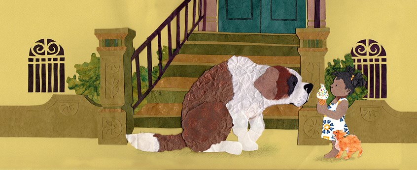 illustration of Picture book illustration of big dog and little girl with kitten.
animal, animals, pet, pets, beast, canine, feline, kid lit, children's book, publishing, Saint Bernard, ice cream cone, sprinkles, begging, hungry, toddler. child, kid, summer, dessert, stare, African American, pig tails, townhouse, neighborhood, stairs, stoop, paper collage, Colleen Kong-Savage.