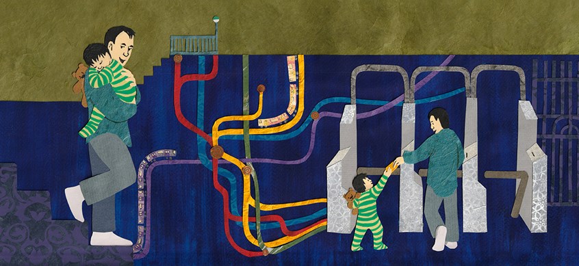 illustration of Picture book illustration of father and son at bedtime, talking about the subway system. They imagine going down underground, then passing through the turnstiles.
Map, underground, city, New York, child, dad, kid, pjs, commute, transportation, train, urban, children's books, kid lit, publishing, paper collage, Colleen Kong-Savage.