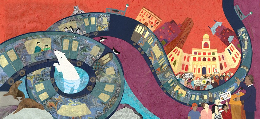 illustration of Picture book illustration of father and son at bedtime, talking about the subway system. They imagine riding the train to the zoo, and then to City Hall, where the mayor is giving a speech.
City, building, crowd, people, protest, speech, politician, city hall, New York, polar bear, penguin, seal, travel, transportation, train, urban, children's books, kid lit, publishing, paper collage, Colleen Kong-Savage.