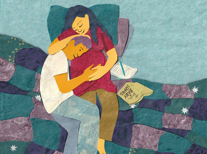 illustration of Illustration for landing page of Nameclouds website. Nameclouds is a baby-naming app.
Pregnant, pregnancy, expecting, couple, family, baby, names, romance, bed, home, love, hands, belly, quilt, book, man, woman, turquoise, purple, pajamas, snuggle, heterosexual, Kong-Savage