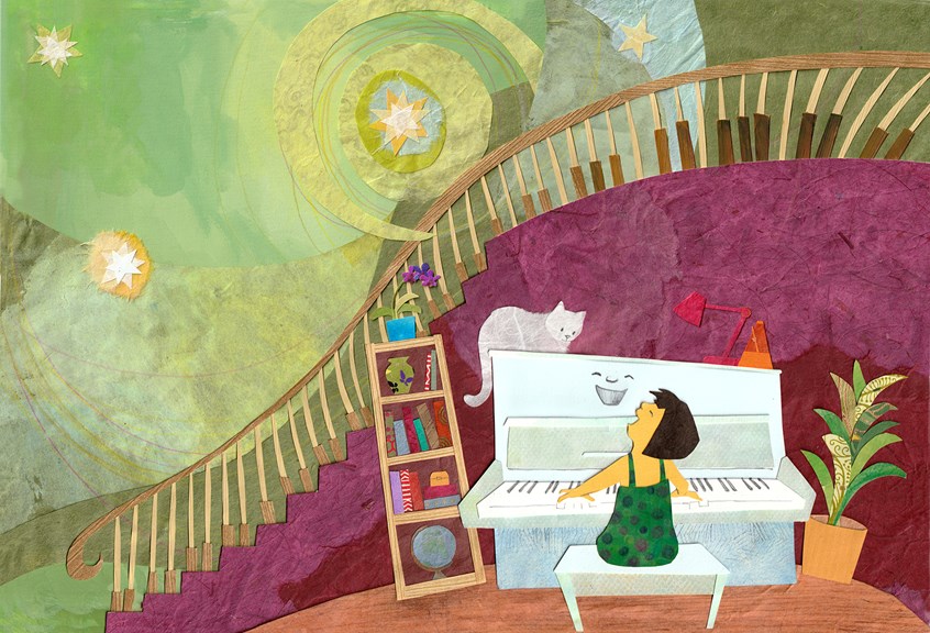 illustration of childrens book, kidlit, picture book, piano, child, instrument, girl, sing, music, home, arts, learn, learning, publishing, play, practice, rehearse, stairs, books, Kong-Savage
