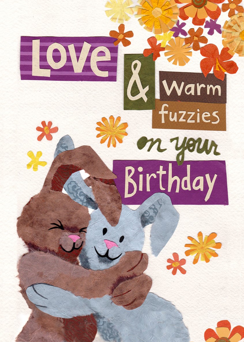 illustration of Birthday card design in paper collage for Greeting Card Universe. A couple of bunny rabbits hug each other as oranger and yellow blossoms fall from above.
Handlettering, bunnies, animals, cute, fuzzy, warm fuzzies, love, cuddle, childrens book, torn paper, kidlit, floral, Kong-Savage