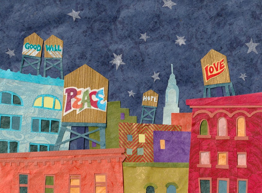 illustration of Urban holiday card design in paper collage for Greeting Card Universe. Night time in the city. Water towers with graffiti messages of Peace, Love, Good Will, and Hope. Colorful buildings.
City skyline, nyc, new York city, New York, street art, apartment, real estate, co-ops, fun, home