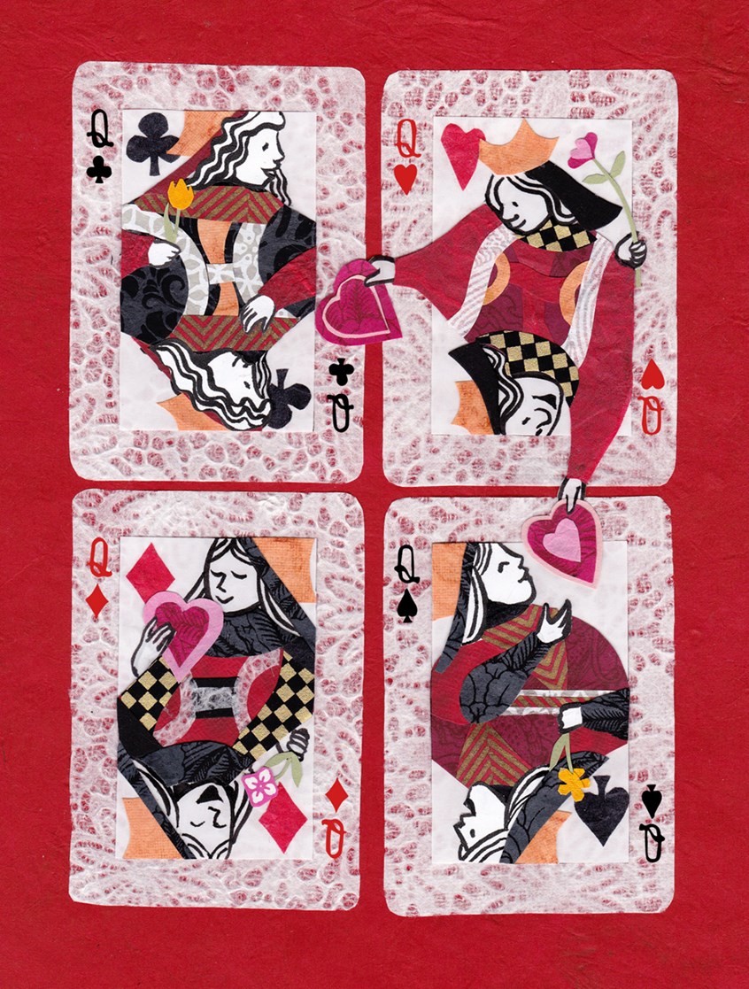 illustration of Valentine's Day card design for Greeting Card Universe.
queen, four, playing cards, deck, valentine, galentine, love, red, white, heart, hearts, spades, diamond, club, sister, sisterhood, women, woman, female, paper, collage, happy, royal, regal, Kong-Savage