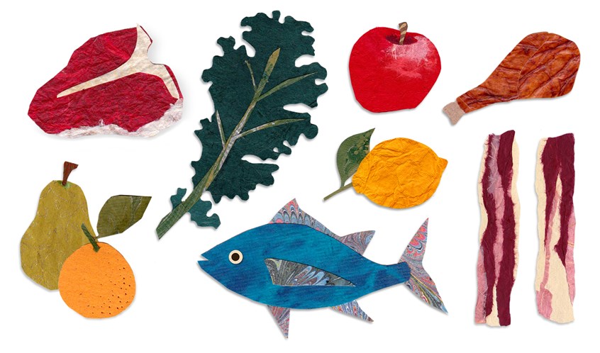 illustration of Spot illustrations of vegetables, fruit, meat in paper collage. Created for Friends & Farms' e-newsletter.
Friends & Farms specialized in farm-to-table food. The business aggregated fresh produce from regional farms, then distributed it to members. The company prided itself in stellar customer service and wanted to convey its warm sense of community in its branding.
lemon, kale, orange, apple, drumstick, fish, steak, bacon, pear, Kong-Savage