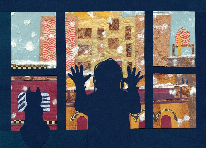 illustration of Snow day, girl, child, kid, silhouette, window, snow, winter, city, cityscape, neighborhood, urban, cat, childhood, cold, glass, buildings, looking out, hands, architecture, upper west side, Nyc, New York City.