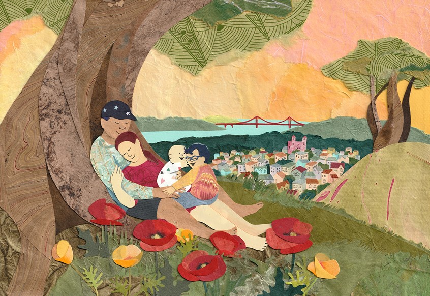 illustration of Commissioned portrait of San Francisco-based family created in paper collage.
family values, California, leisure, couple, parenthood, parenting, mother, father, siblings, baby, children, brother, sister, love, kids, family time, nature, environment, park, flowers, trees, hills, vista, view, city, town, Golden Gate Bridge, bridge, poppies, relaxation, recreation, relax, happiness, joy, get away, weekend, sunset