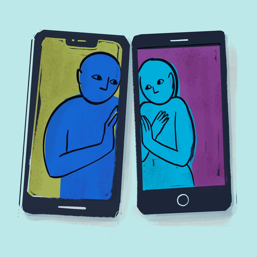 illustration of Editorial Illustration: Dating in a Pandemic
Coronavirus, Covid 19, social distancing, iPhone, android, smartphone, telecommunications, love, couples, romance, texting, online, communications, video chat, video conference, zoom, WhatsApp, google hangout, sickness, quarantine, isolation, self-quarantine, self-isolate, messaging, pandemic, epidemic, Kong-Savage