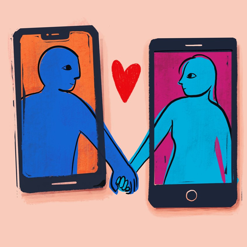 illustration of Editorial illustration: Dating in a Pandemic
Coronavirus, Covid 19, social distancing, iPhone, android, smartphone, telecommunications, love, couples, romance, texting, online, pandemic, epidemic, communications, video chat, video conference, zoom, WhatsApp, google hangout, sickness, quarantine, isolation, self-quarantine, self-isolate, talking online, Kong-Savage