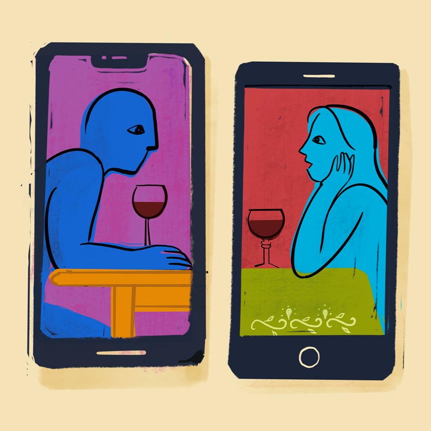 illustration of Editorial illustration: Dating in a Pandemic
Coronavirus, Covid 19, social distancing, iPhone, android, smartphone, telecommunications, love, couples, romance, texting, online, pandemic, epidemic, communications, video chat, video conference, zoom, WhatsApp, google hangout, sickness, quarantine, isolation, self-quarantine, self-isolate, messaging, Kong-Savage