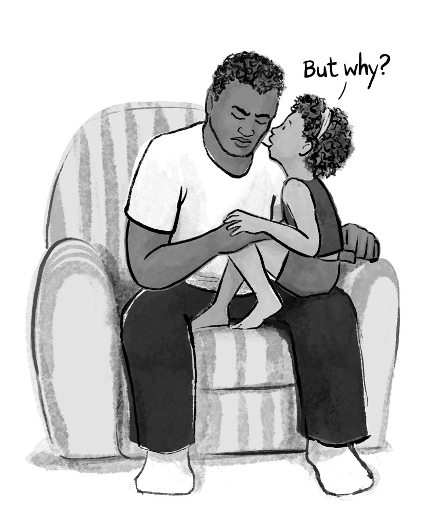illustration of Black Lives Matter, father, daughter, the talk, conversation, talking to kids, child, african american, black and white, why, question, curious, curiosity, Kong-Savage