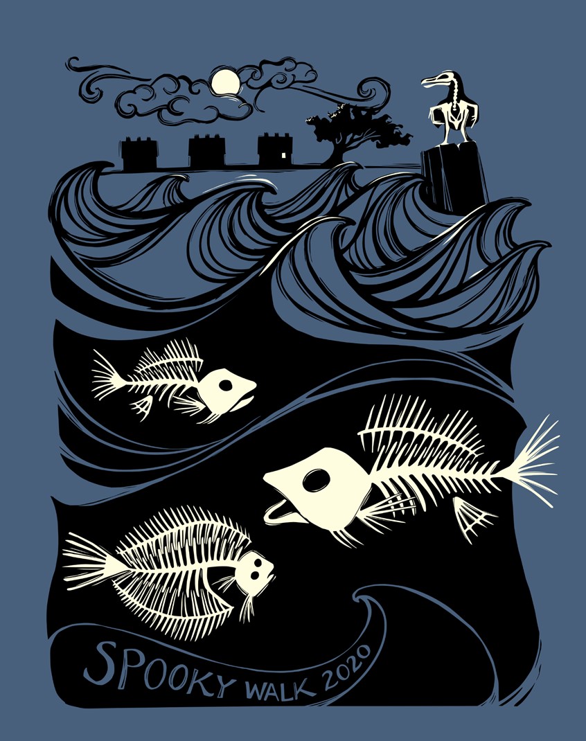 illustration of Littoral Society, fish, skeletons, bird, officer's row, moon, spooky, haunted, halloween, pier, tide, clouds, nature, beach, shore, tree, shoreline, ocean, sea, waves, marine, environment, ecology, climate, Kong-Savage, black and white, tshirt design