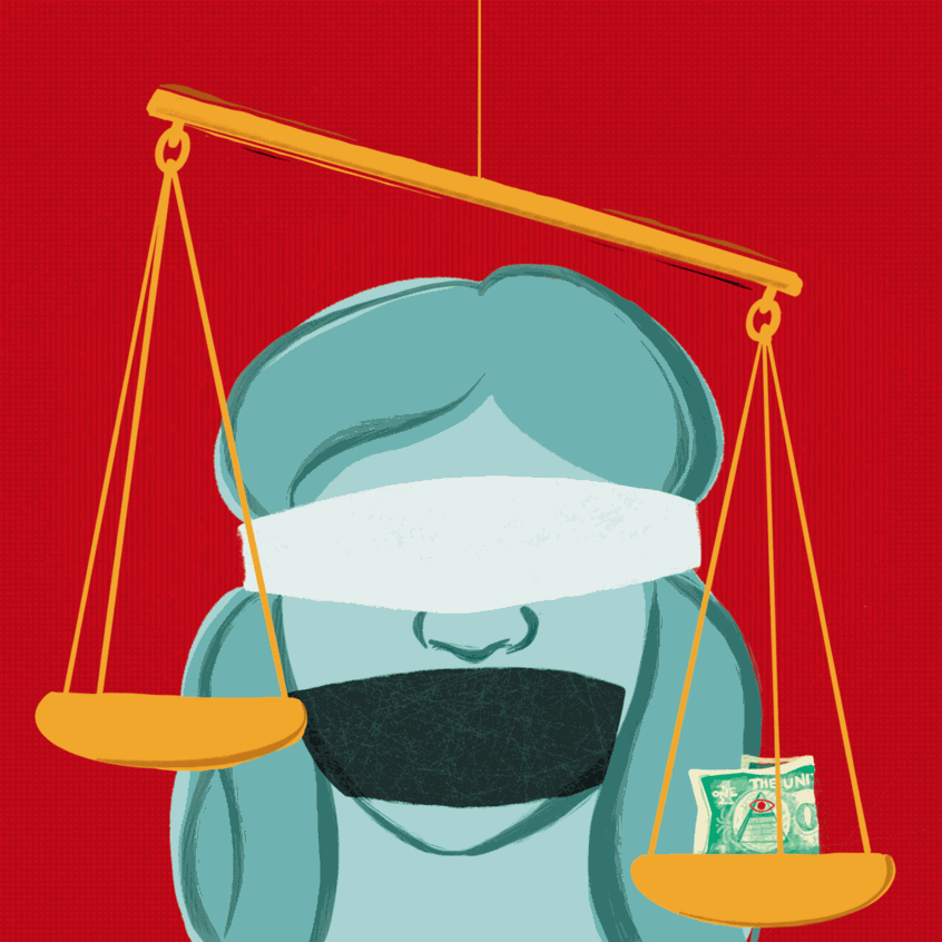 illustration of Justice system, money, equality, inequality, inequity, fairness, unfair, judgement, ethics, blind, speech, speak, scales, cash, finance, financial, law, legal, race, wealth, currency, privelege, advantage, bias, profit, nonprofit, institution, bank, Kong-Savage, gagged