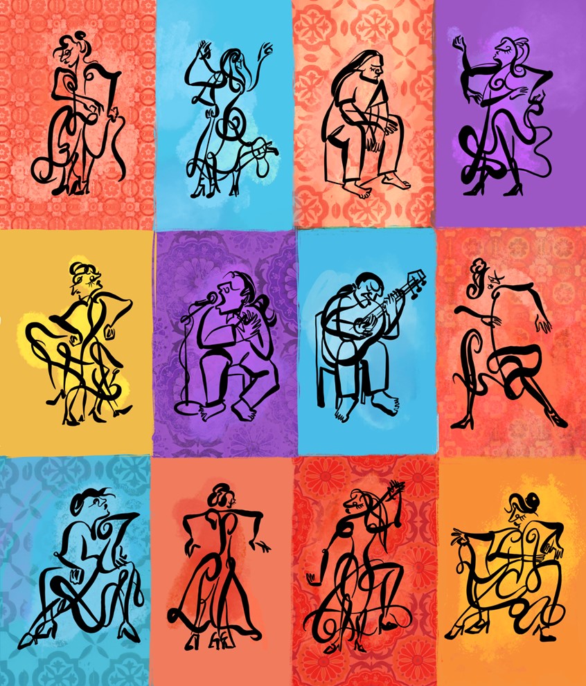 illustration of Dance, movement, flamenco, ole, Spain, Spanish, gestural, drawing, ink brush, patterns, colorful, travel, performance, entertainment, music, singing, guitar, percussion, textile, nightlife, stage, leisure, arts, performing arts
