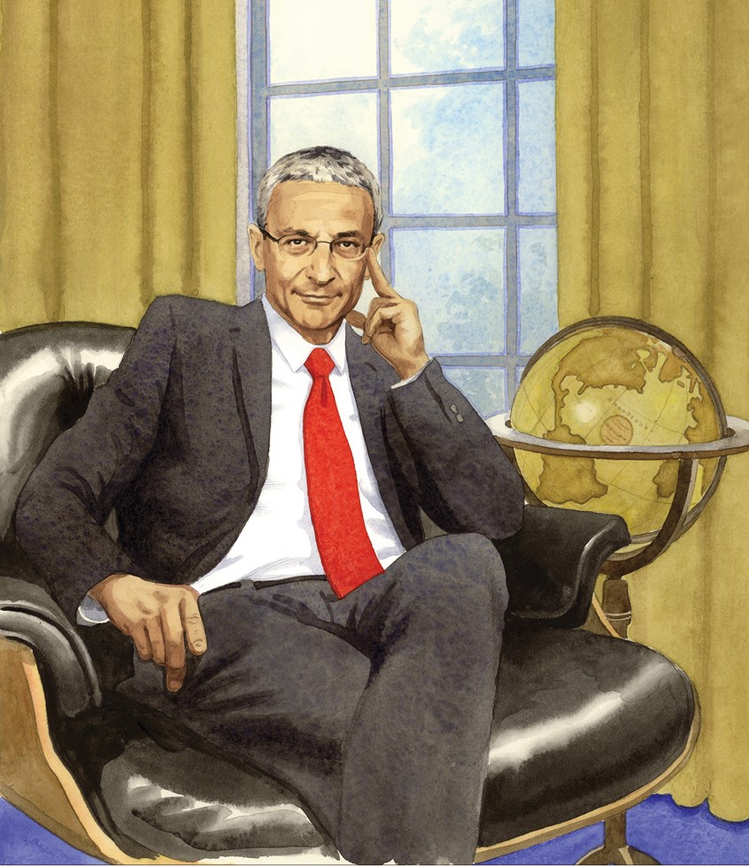 illustration of Portrait of John Podesta for National Journal Magazine. Portrait, corporate portrait, editorial portrait, staff portrait, business portrait, Mr Portrait, fashion, men's fashion, men's clothing, style, men's style, online clothing, clothing, shirt, white house, power, globe, Hillary Clinton, Obama, president, suit and tie, politics, political, democrat, vote