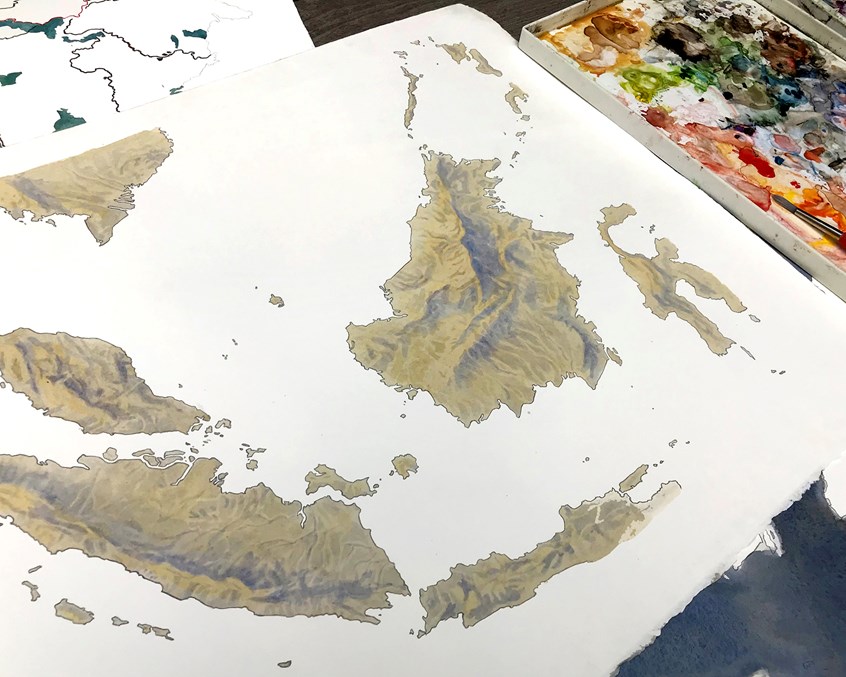 illustration of Watercolor painting of map for National Geographic Magazine.
Bornea, Sumatra, Malay peninsula, map, painted map, rhino, Sumatran rhino, mountains, topography, island, landmass, geology, geography, globe, history, animals, research, preservation, cartography