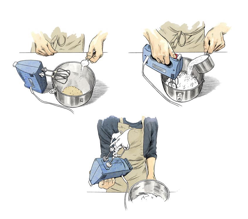 illustration of How to make meringue. For the Wall Street Journal. Cooking, meringue, dessert, cooking, blender, baking, kitchen, apron, bowl, flour, eggs, sugar, whipped cream, whipped, food, eating, sweet, ingredients, chef
