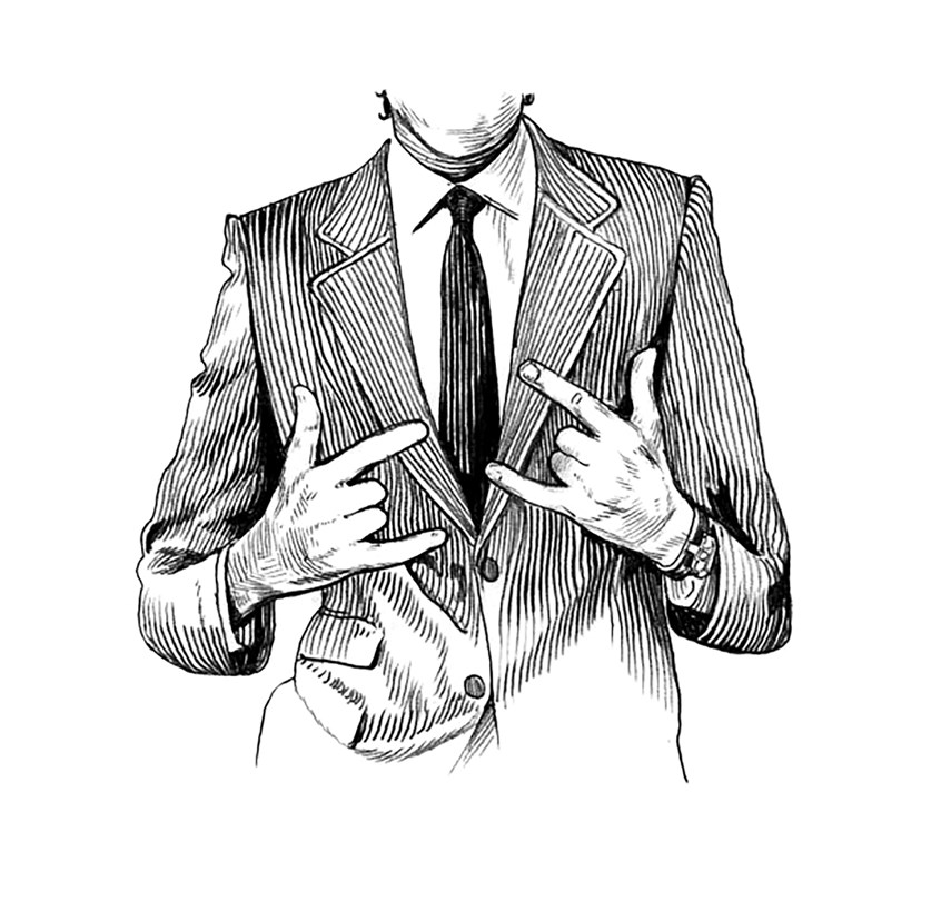 illustration of Illustration of guy doing 'rock on' symbol with hands, for Esquire Magazine. Rock on, cool, guy, suit, style, stylish, fashion, suit and tie, black tie, clothing, bespoke, tailor, lapel, masculine, dude, bro, sign language