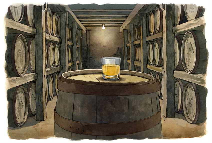 illustration of Painting of whiskey glass and barrels, for Whisky Advocate magazine. Whisky, whiskey, scotch, bourbon, spirits, alcohol, drinking, barrels, wine, wine barrel, cantina, cellar, wine cellar, Irish whiskey, wood, rustic, dark cellar, moody, prohibition, bottle, shot, shot glass, aging, aged barrel