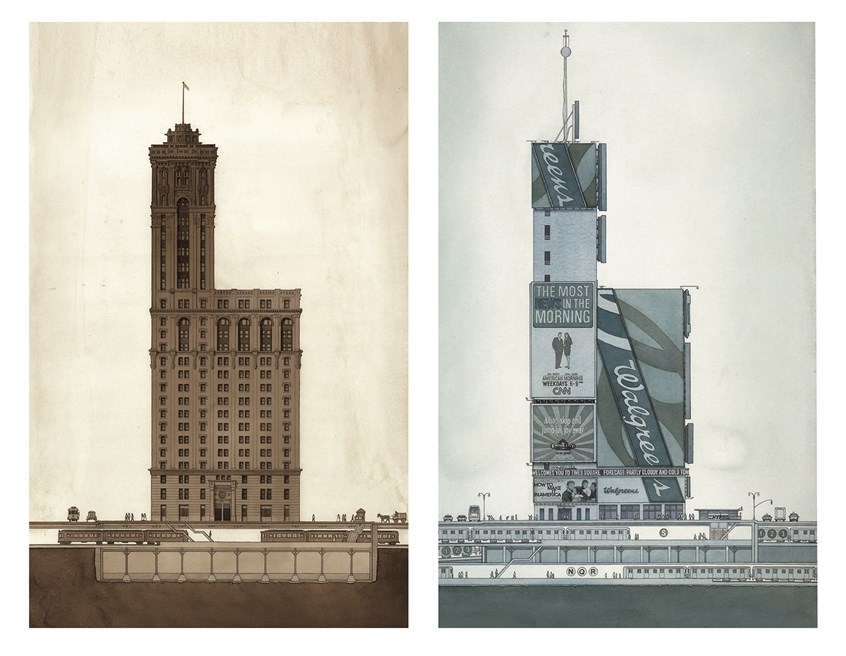 illustration of Elevations of One Times Square in 1904 and 2004. Endpages for the illustrated book