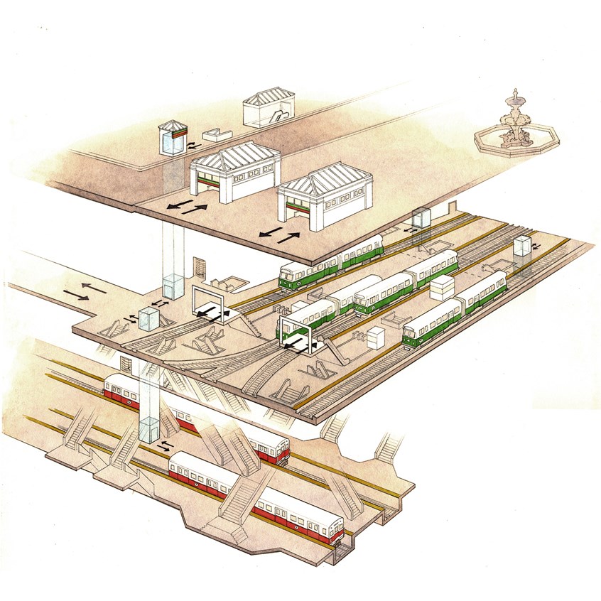 illustration of Exploded view of Park Street station, showing entrances, exits, and elevator/handicap access. Completed for the Boston subway authority MBTA. Part of a station handout: Getting Around the T
architecture, exploded view, trains, trolleys, subway, urban transportation, commute, rapid transit, underground, tracks, 3D, green line, red line, MBTA, Massachusetts, Boston