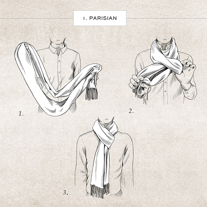 illustration of How to tie a scarf: The Parisian
Paris, scarf, style, fashion, clothing, men's fashion, men's style, formal, design, Mr Porter, retail, shopping, online, directions, graphic, line art, instruction, instructional, how to, learning