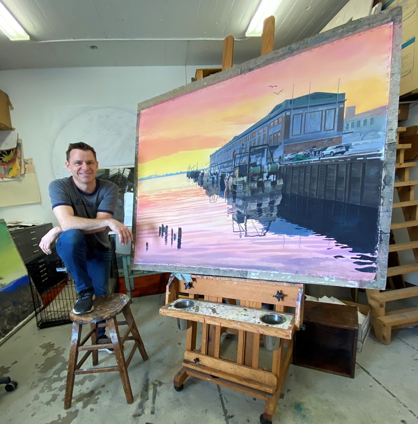 illustration of Large watercolor painting of Fish Pier in Boston. This is a shot in my studio before delivering the work to Polka Dog Bakery who manufactures dog treats (Cod Skins are their signature treat) at Fish Pier