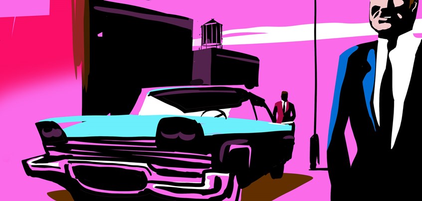 illustration of Illustration of a travel report, mysterious travellers, cars, pink, city, people, men in suits, 60ties, travel, holidays, crime, adventure, summer, weather, urban, lifestyle, book, magazine, black, shadows, vintage, digital, economics, mysteries, southern states, America, reportage, colours, design