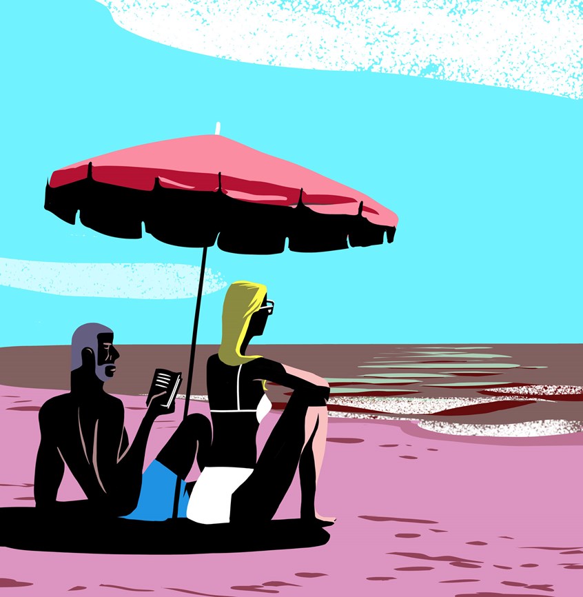 illustration of beach, summer, holiday, couple, book, magazine, shadow, black, cloud, colours, heat, blue sky, blonde, woman, man, bathing suits, sand, literature, relaxation, fashion, sea, waves, horizon, emptiness, loneliness, marriage, love, umbrella, wind, UV radiation, suncream, adult, greeting card,
