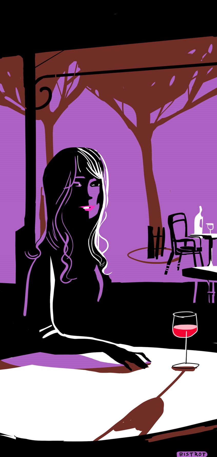 illustration of mysterious travellers, woman, red wine, Paris, Bistro, bar, restaurant food, drinks, garden, evening, beauty, long hair, hair, fashion, red lips, velvet, terrasse, guest, shadow, black, line, white line, contrasts, bottle, glas, after work, after hours, meeting, in love, waiting, date,