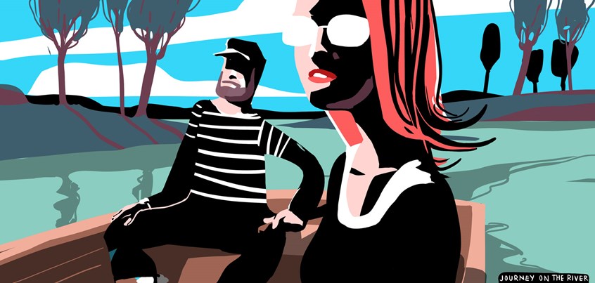 illustration of mysterious travellers, bout trip, girl, woman, sailor, man old man, sun, sunglass, red hair, shore, trees clods, nature, trip, holidays, travel, adventure, rest, relaxation, book, magazine, newspaper, contrasts, people, river, water shore, riverboat, south, summer, clouds, islands, male, female, beard, earth, water, wind, silence