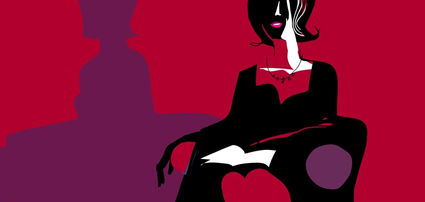 illustration of woman, lady, female, opera, theatre, evening, culture, book, magazine, lipgloss, fashion, shadows, light, contrasts, premiere, richness, break, waiting, date, chair, downtown, urban, program, jewels, entertainment,