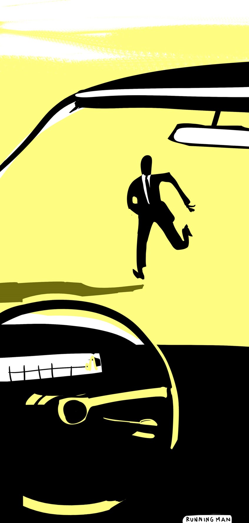 illustration of mysterious travellers, man, crime, book, magazine, newspaper, news, car, vintage car, wheel, yellow, sun, heat, escape, suit, black suit, contrasts, dashboard, run, fear, police, criminal, guiltier, attack, gateway, speed