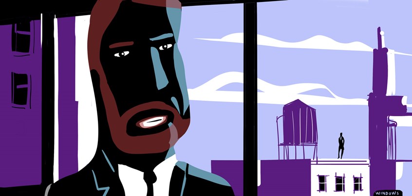 illustration of window, men, male, beard, darkness, shadow, daylight, roofs, houses, urban, story, book, newspapers, secrets, spy, clouds, suits, water tank, summer, heat, agent, detective, crime