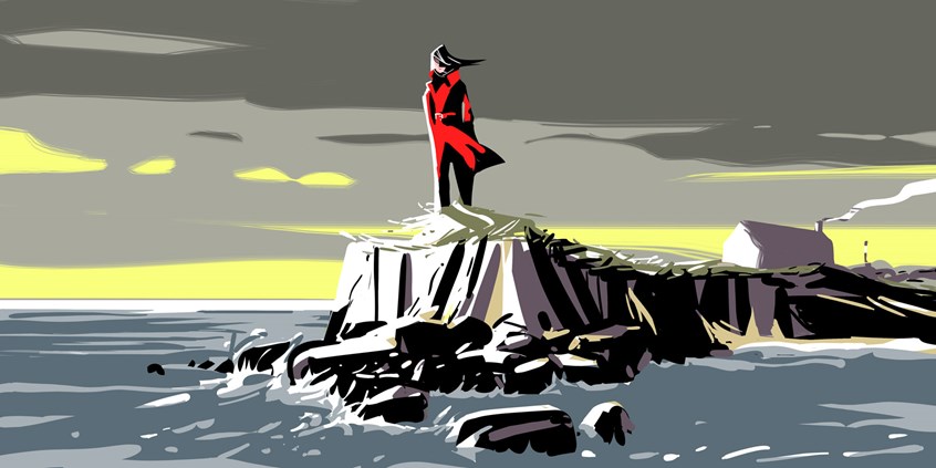 illustration of traveller, woman, France, Bretagne, wind, evening, afternoon, house, surge, sea, water, shore, holiday, travel, red, coat, clouds, rainy weather, hair, book, story, magazine, relaxation, horizon, single, home, airbnb, nature,