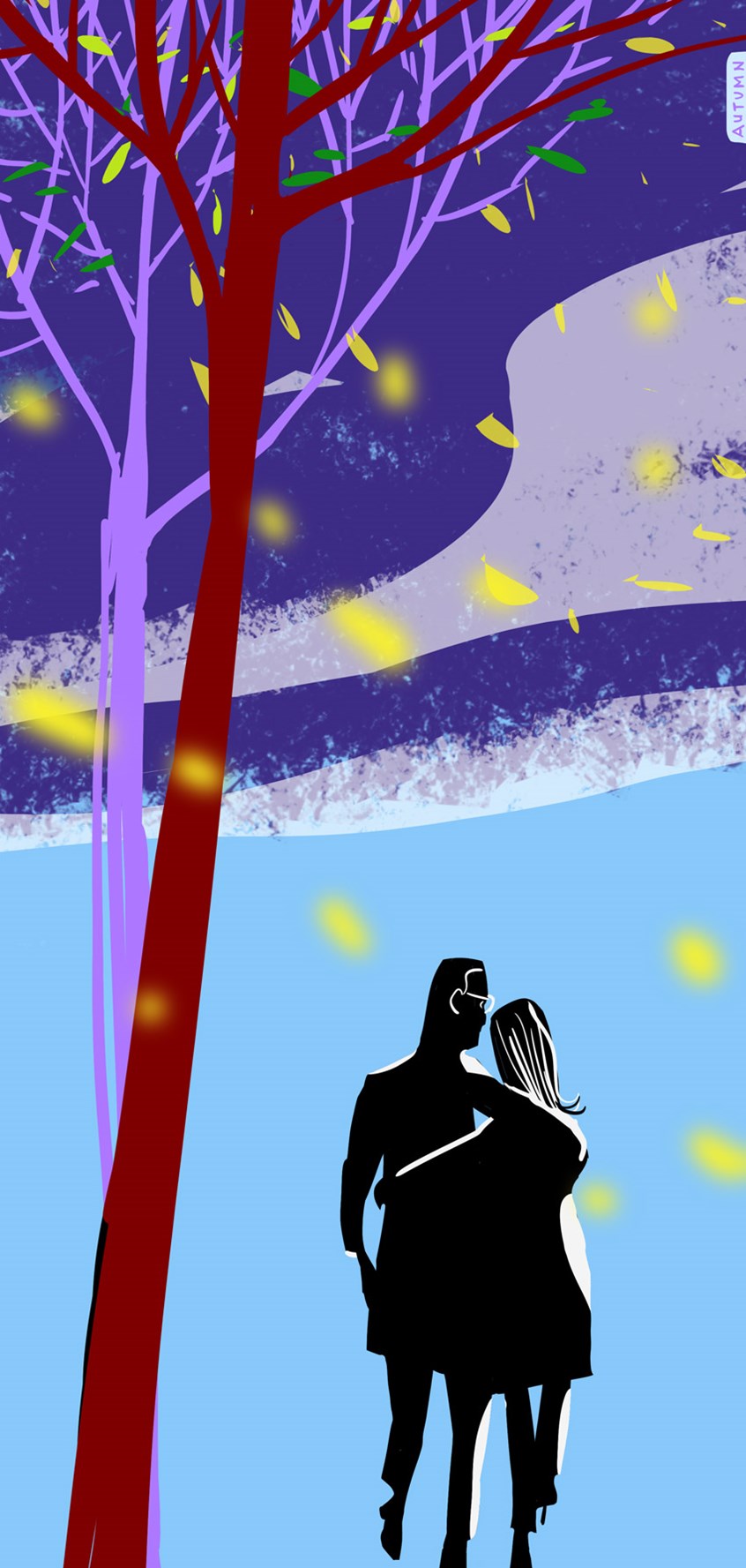illustration of travel, book, afternoon, autumn, couple, lifestyle, clods, wind, horizon, black, blue, tree, leaves, nature, leisure time, walk, love, marriage, date, book, magazine, colours, contrasts, trees, sky, evening, daylight, greeting card,