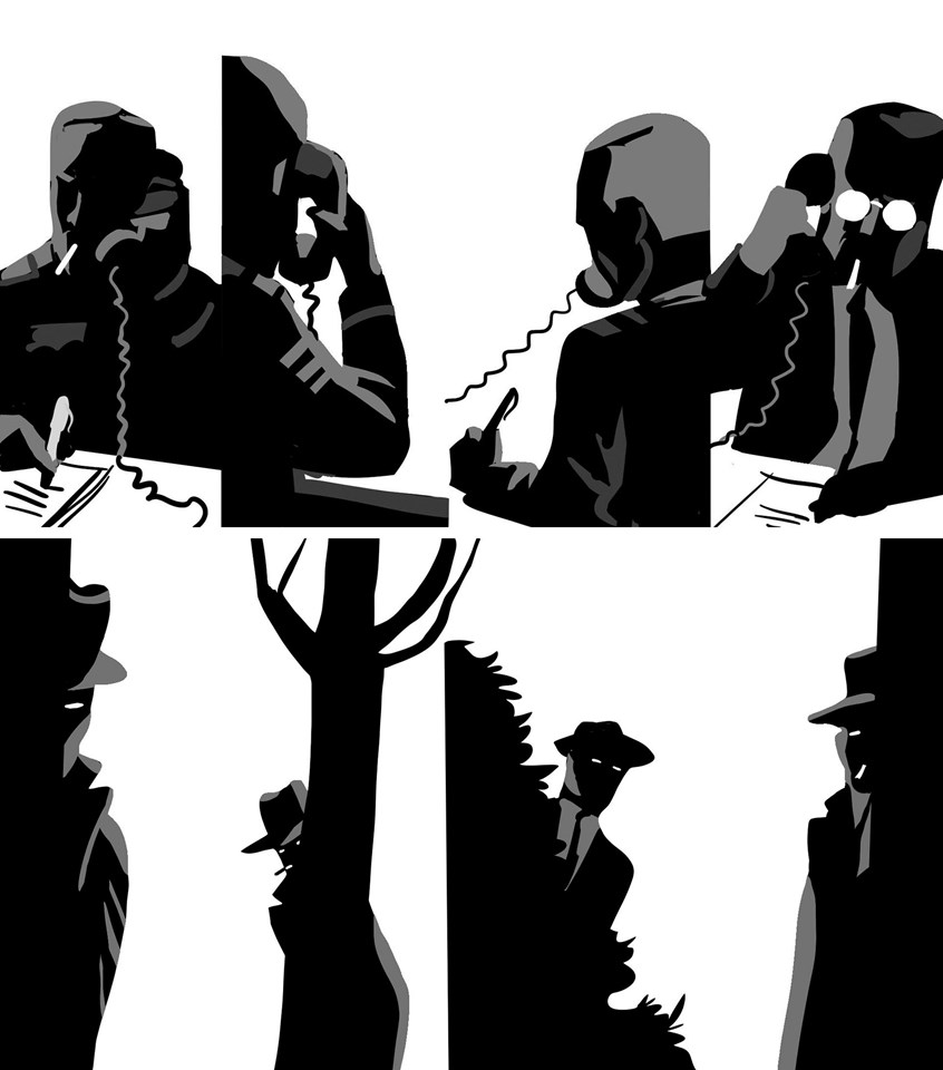 illustration of Police, detectives, telephones, telephone calls, interrogation, secret campaign, surveillance, smoking, cigarettes, hiding, trees, office, urgency, alarm
