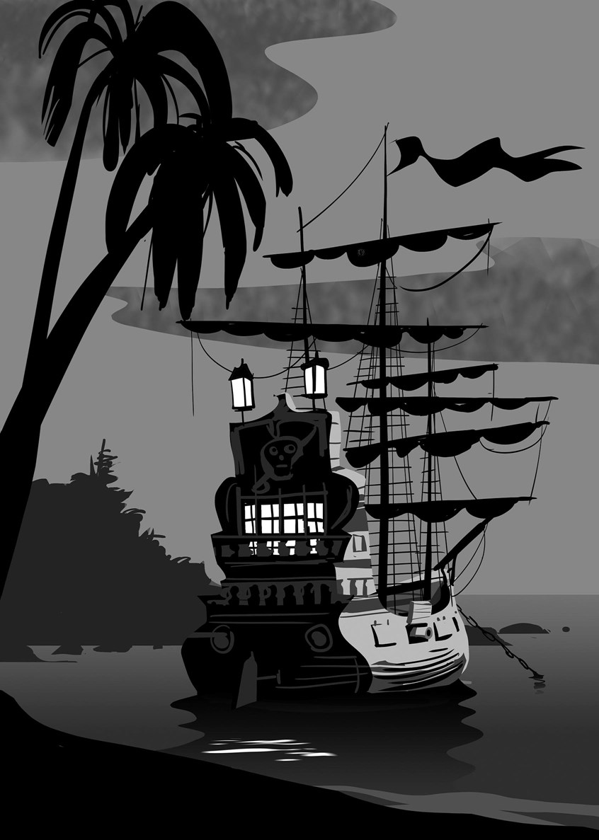 illustration of Peter Pan children's book, illustrated for Vitolibro edition, Germany. ISBN 978-386940-140-9, Neverland, dreams, fairy tales, fantasy, pirates, children, night, pirate ship, caribbean, island