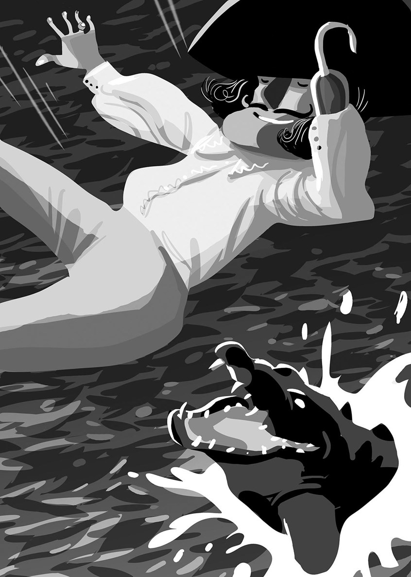 illustration of Peter Pan children's book, illustrated for Vitolibro edition, Germany. ISBN 978-386940-140-9, Neverland, dreams, fairy tales, fantasy, pirates, children, night, pirate ship, caribbean, island, crocodile, captain