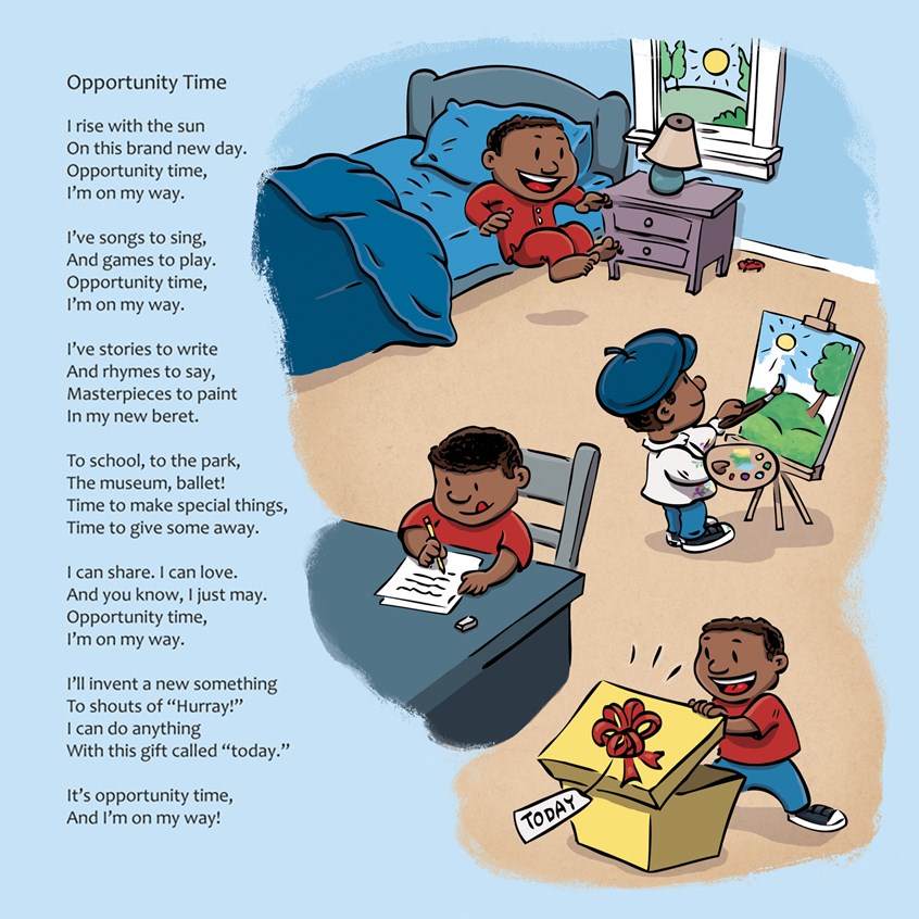 illustration of A little boy eagerly fills his days with painting, writing, and learning in the poem Opportunity Time. From the children's book Short Pump Bump, written by Angie Miles and published by Belle Isle Books. painting, beret, smock, easel, present, gift, positive thinking, sunny day, writing, jumping out of bed