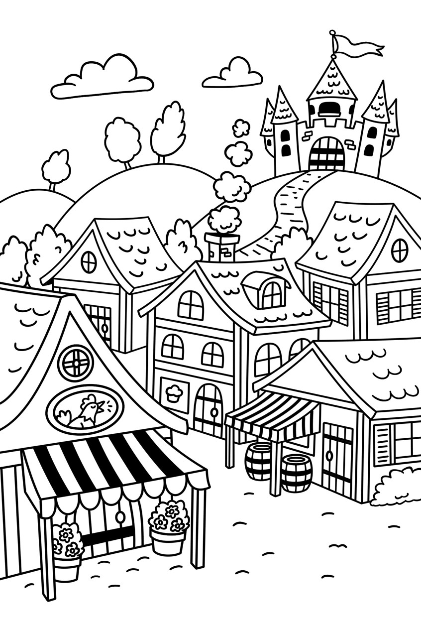 illustration of Fantasy village illustration for a 'spot the differences' game, featuring a princess castle, a bakery, and a restaurant. From the children's activity book, Scratch Magic: Unicorn Pizza Party, published by Get Creative 6. Art Director: Jennifer Markson