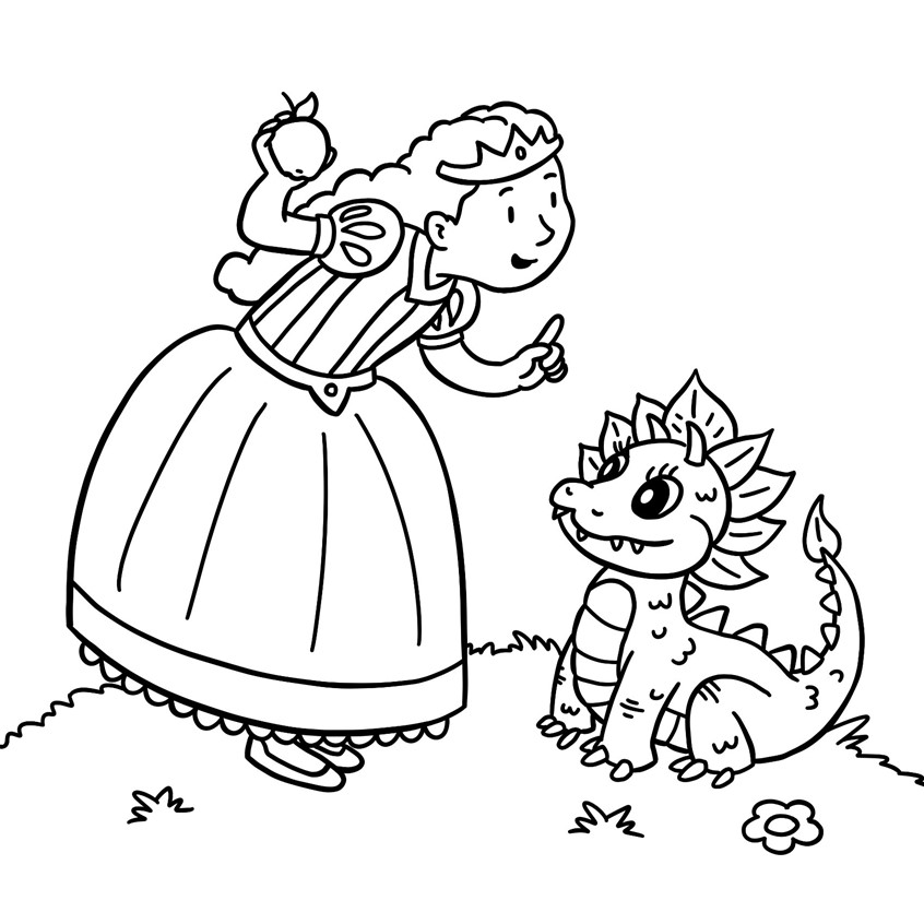 illustration of Fairytale princess trains her cute baby dragon. From the children's activity book, Scratch Magic: Unicorn Pizza Party, published by Get Creative 6. Art Director: Jennifer Markson