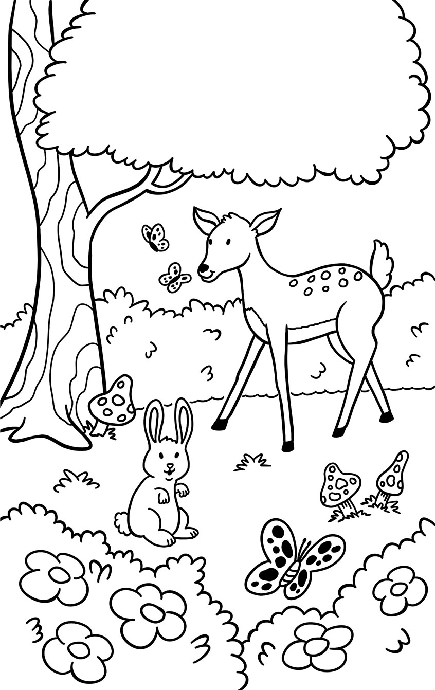 illustration of Baby deer in the forest with butterflies, a bunny, and mushrooms. For a 'spot the difference' activity game. From the children's activity book, Scratch Magic: Cute Baby Animals, published by Get Creative 6. Art Director: Jennifer Markson