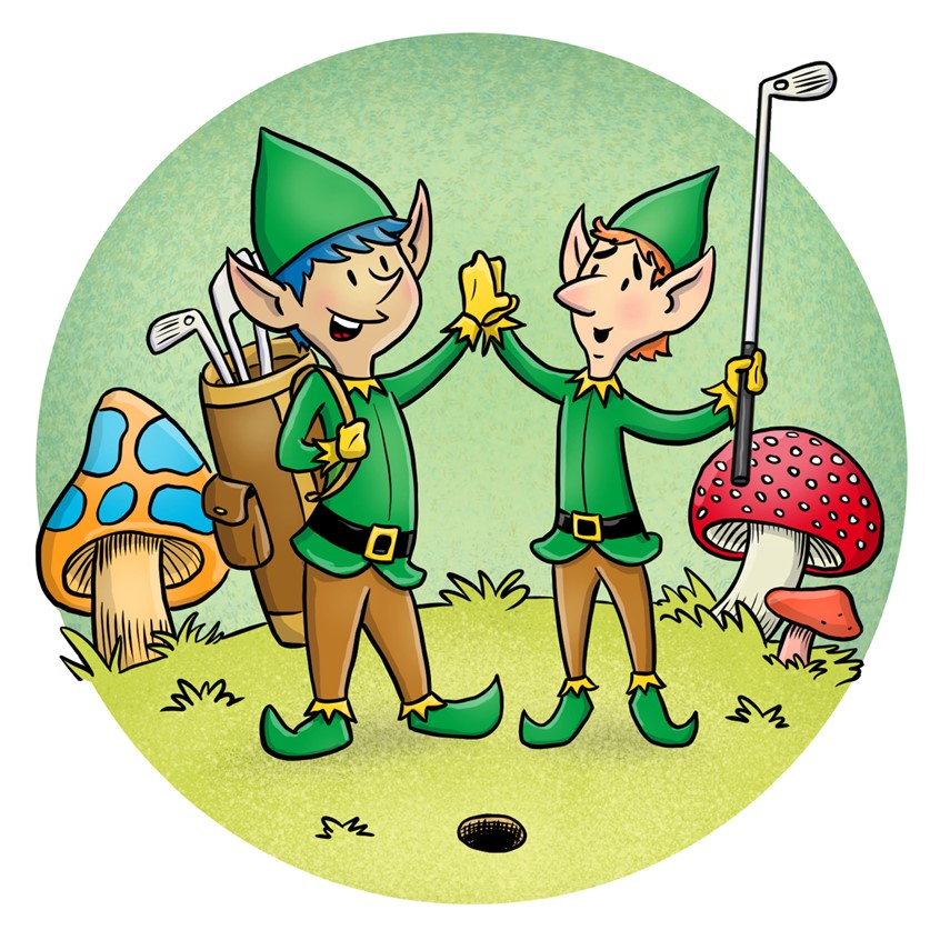 illustration of Two elves enjoy a game of golf among the wild mushrooms. Illustration for the poem 'Frank's Turn' by author Angie Miles. Client: HAPPYReading
Keywords: golf, elves, elf, mushroom, children's illustration, children's books, cute, spot illustration, educational, reading, literacy
