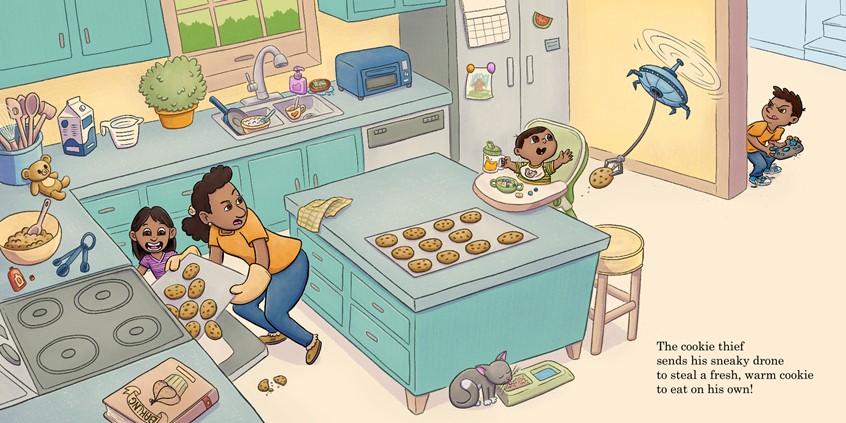 illustration of A boy uses his drone to steal a fresh-baked chocolate chip cookie while his mother's back is turned.
Family, kitchen, picturebook, children's illustration, baby brother, little sister, cat, baking cookies