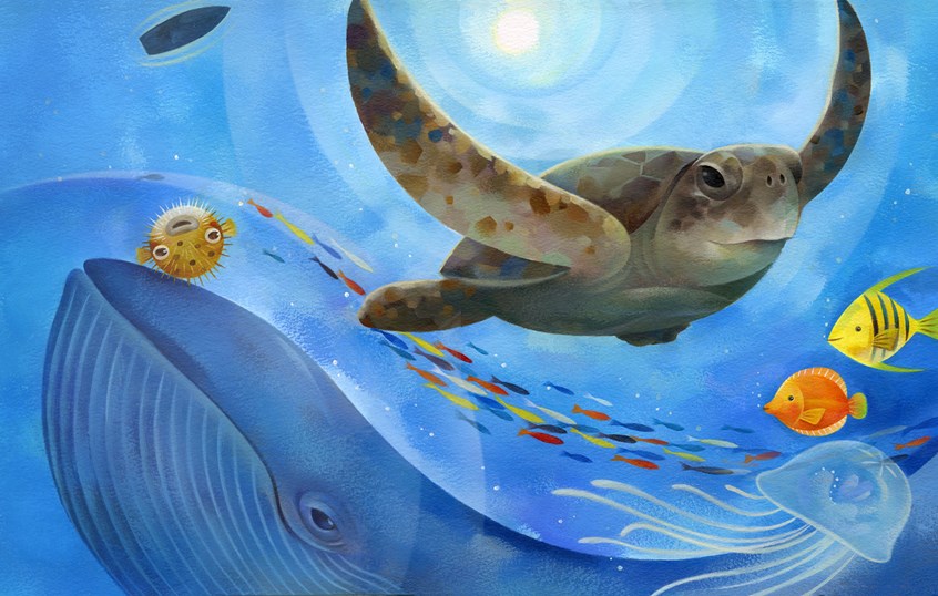 illustration of #childrensbooks #childrenspublishing #childrensillustrators #childrensillustration #childrensbookartist #characterdesign #fairytales #picturebooks #picturebookillustration #picturebookartist #painterly #whale #turtle #ocean #fish # blowfish