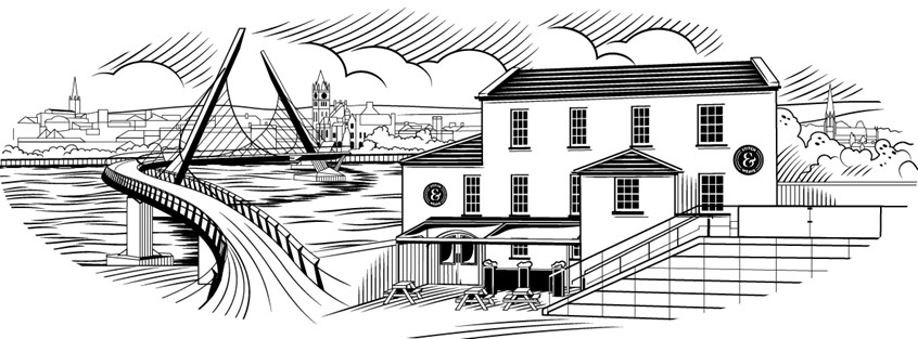 illustration of Vector Line drawing of the Stitch & Weave bar, Derry, N.Ireland, with The Peace Bridge. Used for packaging on the label of the bars own pour whiskey