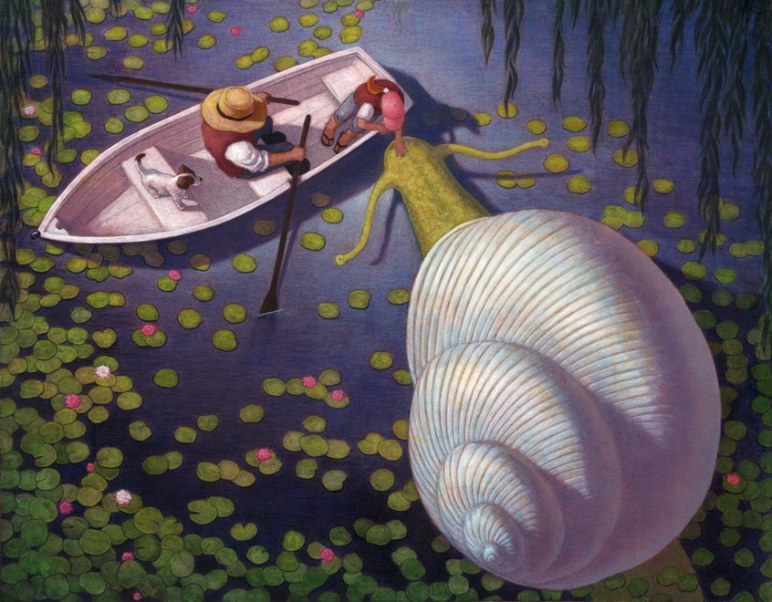 illustration of Educational, young adult, Book cover, magazine cover. Text books, readers, adult, children, story, traditional illustration, fantasy, ocean, animals, snail, monsters, boat, water, dog, search, nature, plants, pond, reflection, flowers, lilly, animal, discovery, trip, journey, engage, meeting, conceptual, emotonal